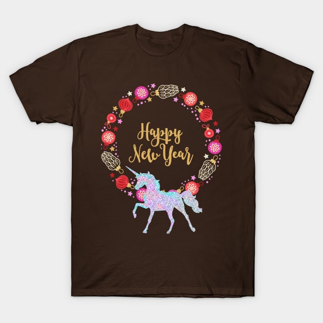 Sparkle Unicorn New Year Holiday Wreath T-Shirt by PersianFMts